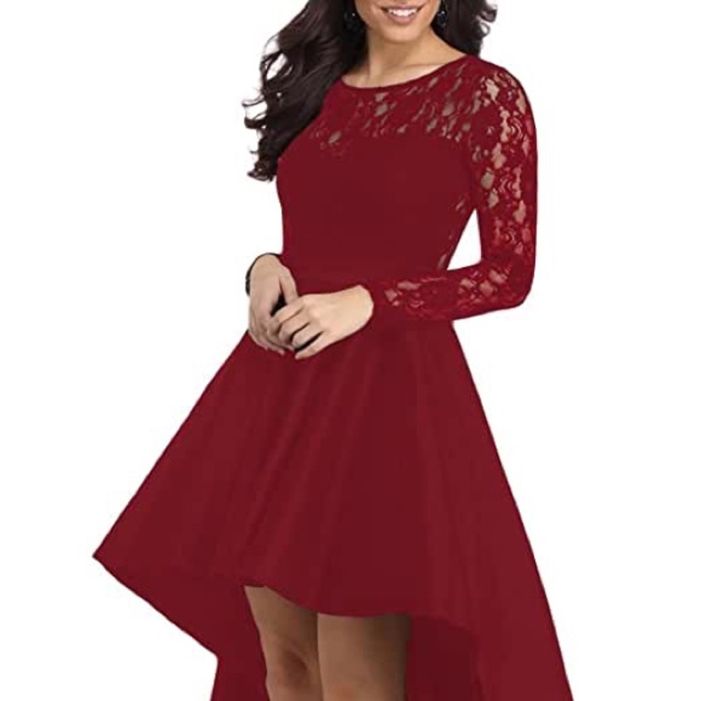Womens V-neck long sleeve lace high low dress